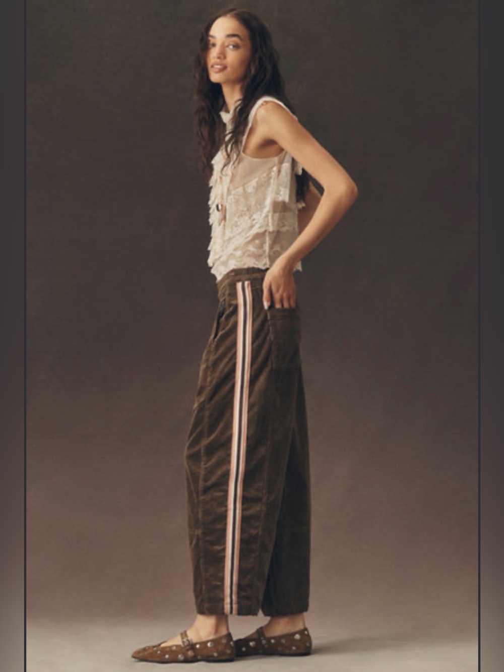 PILCRO Izzie Relaxed Corduroy Pull-On Barrel Pants Olive Stripe S